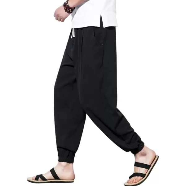 chouyatou Mens Casual Stretched Waist Relaxed Fit Lightweight Tapered Legs Linen Jogger Capri PantBlack