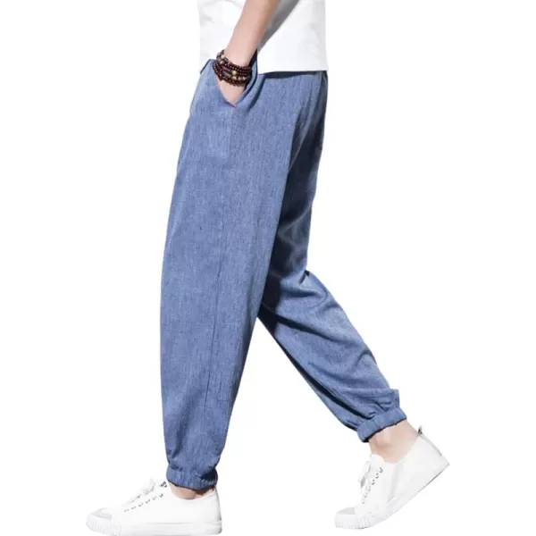 chouyatou Mens Casual Stretched Waist Relaxed Fit Lightweight Tapered Legs Linen Jogger Capri PantBlue