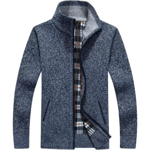 chouyatou Mens Classic Band Collar Full Zip ColorBlock Stripe Cable Knitted Cardigan Sweater CoatBblue