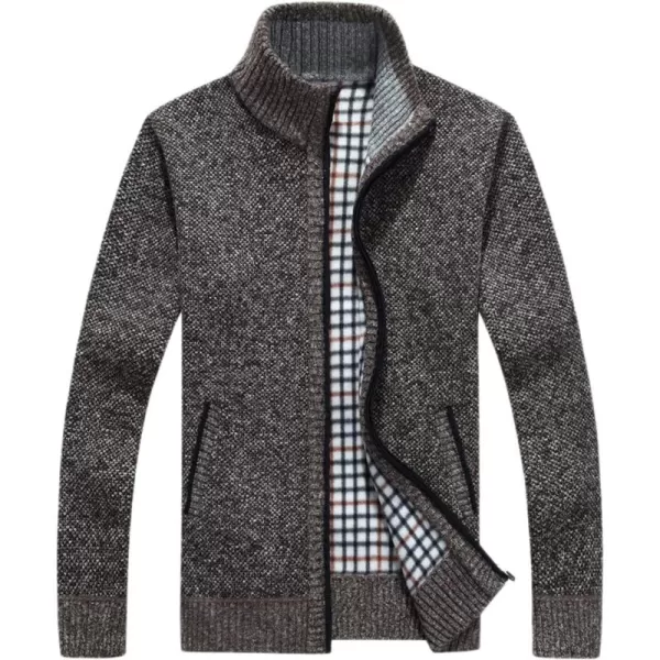 chouyatou Mens Classic Band Collar Full Zip ColorBlock Stripe Cable Knitted Cardigan Sweater CoatBcoffee