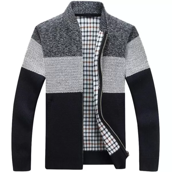 chouyatou Mens Classic Band Collar Full Zip ColorBlock Stripe Cable Knitted Cardigan Sweater CoatBlack