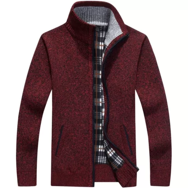 chouyatou Mens Classic Band Collar Full Zip ColorBlock Stripe Cable Knitted Cardigan Sweater CoatBwine Red