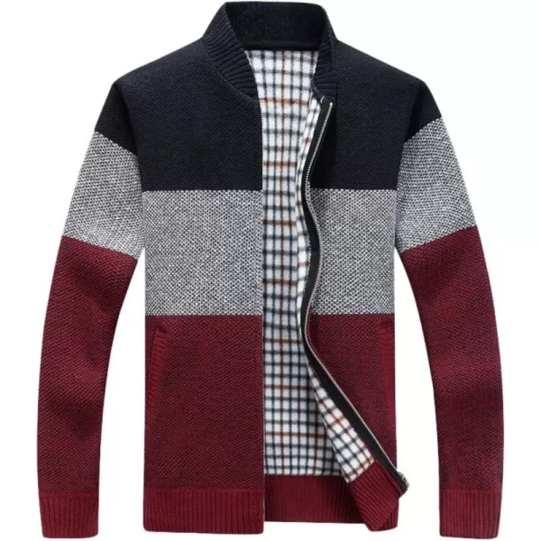 chouyatou Mens Classic Band Collar Full Zip ColorBlock Stripe Cable Knitted Cardigan Sweater CoatDark Red