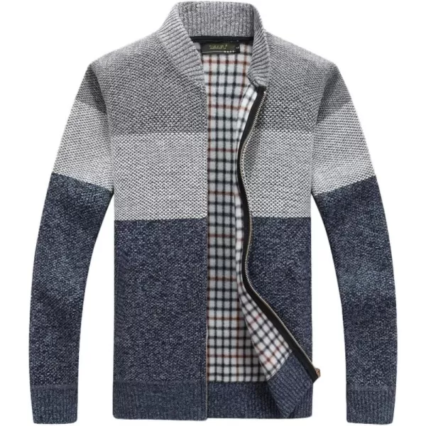 chouyatou Mens Classic Band Collar Full Zip ColorBlock Stripe Cable Knitted Cardigan Sweater CoatGrey