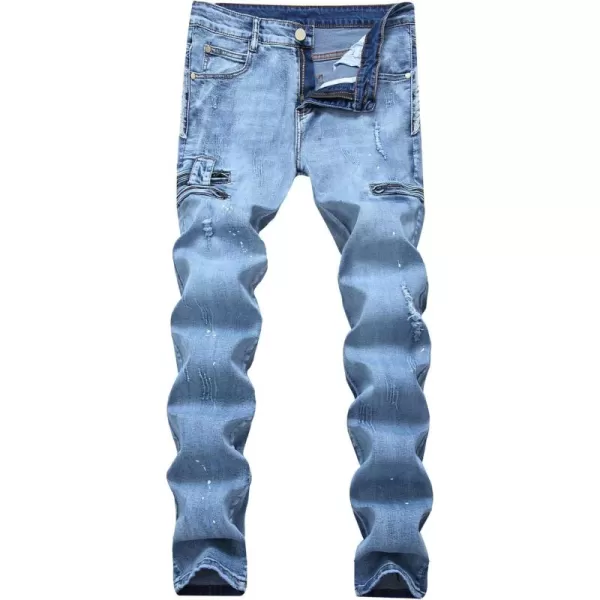 chouyatou Mens Classic Fit Distressed Jeans DecoZip Performance Rugged Wear Ripped Denim Work PantBlue