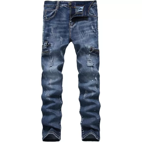 chouyatou Mens Classic Fit Distressed Jeans DecoZip Performance Rugged Wear Ripped Denim Work PantDark Blue