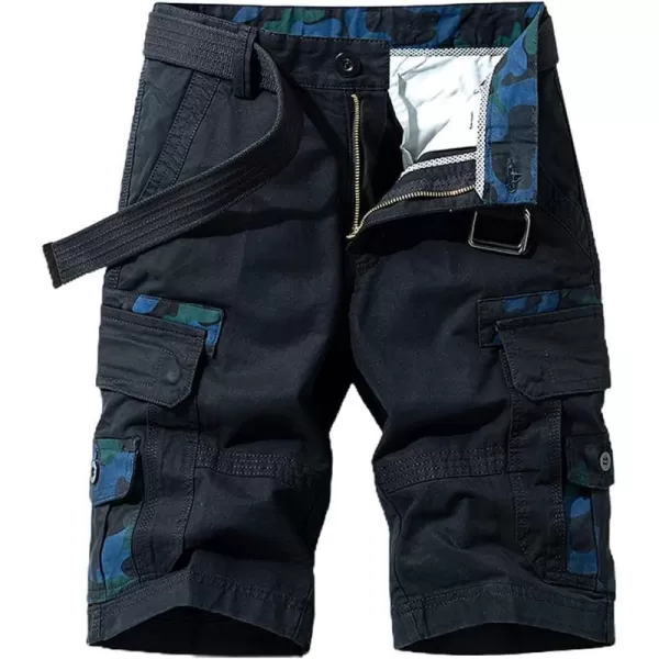 chouyatou Mens Summer Military Flat Front Camo Print Spliced Twill Cargo ShortsBlack
