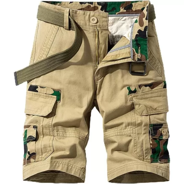 chouyatou Mens Summer Military Flat Front Camo Print Spliced Twill Cargo ShortsKhaki