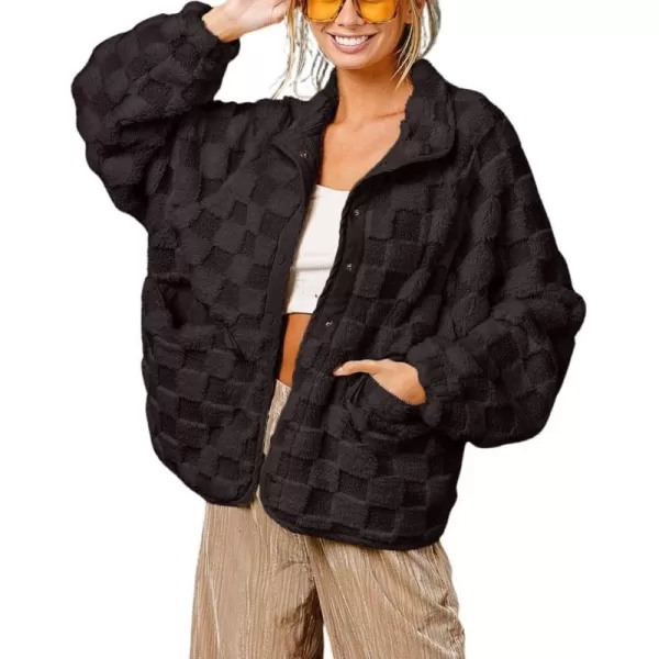 chouyatou Women Winter Casual Checkered Fleece Jacket Fuzzy Oversized Sherpa Jacket Shacket Faux Fur CoatBlack