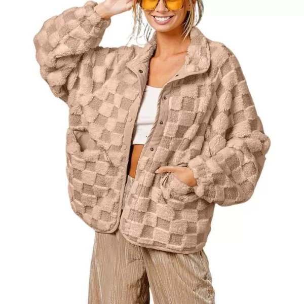 chouyatou Women Winter Casual Checkered Fleece Jacket Fuzzy Oversized Sherpa Jacket Shacket Faux Fur CoatDark Khaki