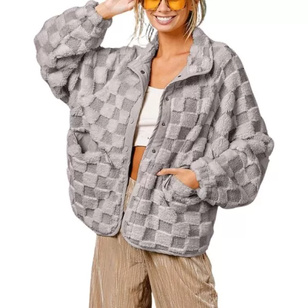 chouyatou Women Winter Casual Checkered Fleece Jacket Fuzzy Oversized Sherpa Jacket Shacket Faux Fur CoatGrey