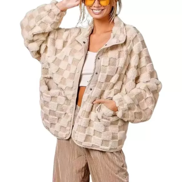 chouyatou Women Winter Casual Checkered Fleece Jacket Fuzzy Oversized Sherpa Jacket Shacket Faux Fur CoatLight Khaki