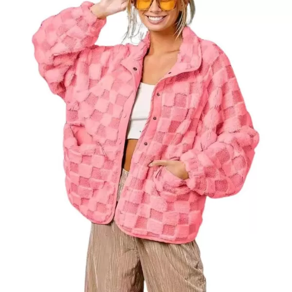 chouyatou Women Winter Casual Checkered Fleece Jacket Fuzzy Oversized Sherpa Jacket Shacket Faux Fur CoatPink