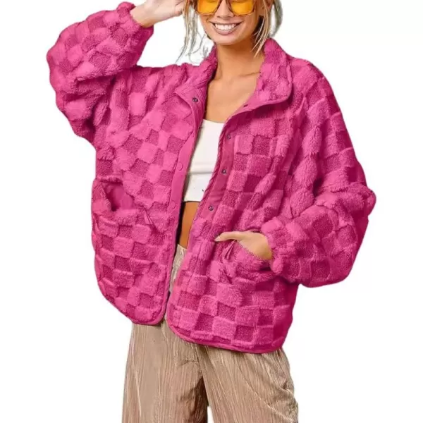 chouyatou Women Winter Casual Checkered Fleece Jacket Fuzzy Oversized Sherpa Jacket Shacket Faux Fur CoatRose