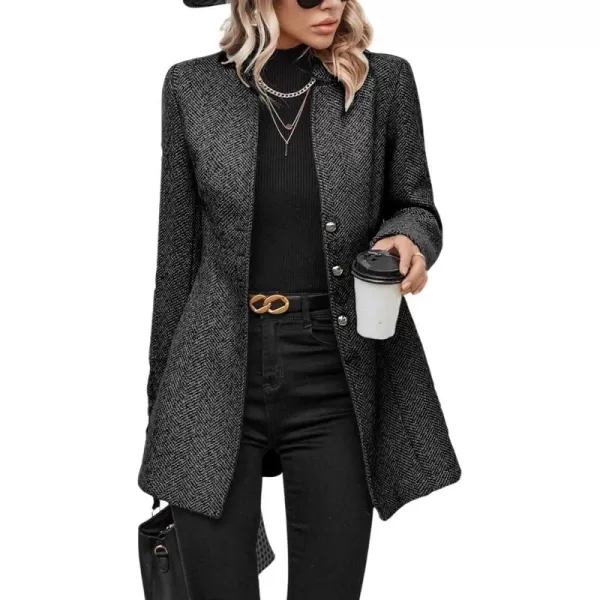 chouyatou Womens Business Casual Herringbone Wool Coat Button Up Notch Collar Dressy Blazer JacketDark Grey