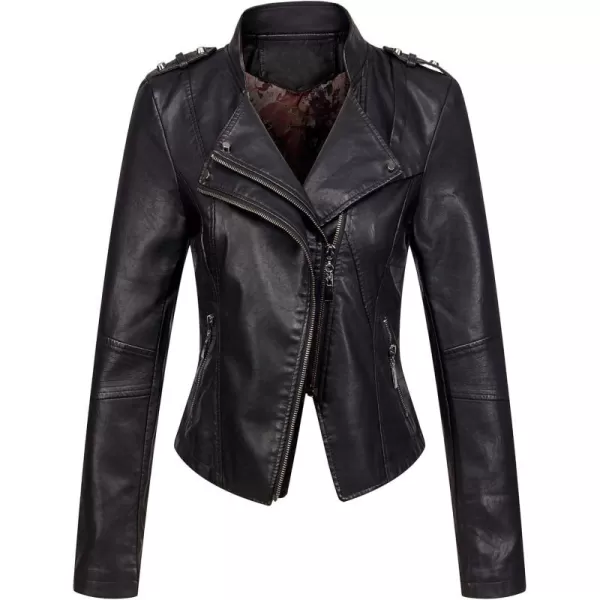 chouyatou Womens Candy Color Asymmetric Zip Slim Faux Leather Cropped Moto JacketBlack