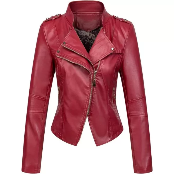 chouyatou Womens Candy Color Asymmetric Zip Slim Faux Leather Cropped Moto JacketDark Red