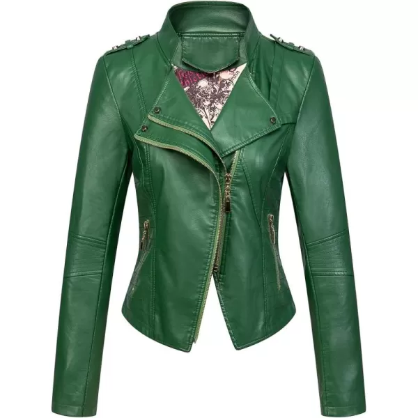 chouyatou Womens Candy Color Asymmetric Zip Slim Faux Leather Cropped Moto JacketGreen