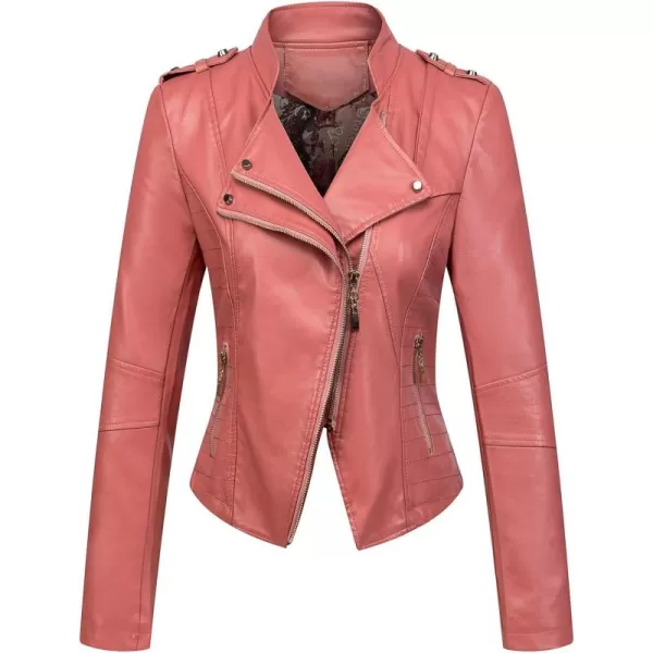 chouyatou Womens Candy Color Asymmetric Zip Slim Faux Leather Cropped Moto JacketPink