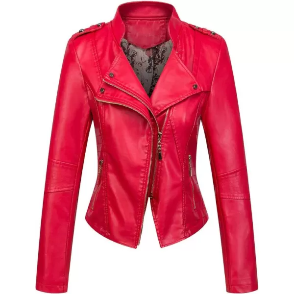 chouyatou Womens Candy Color Asymmetric Zip Slim Faux Leather Cropped Moto JacketRed