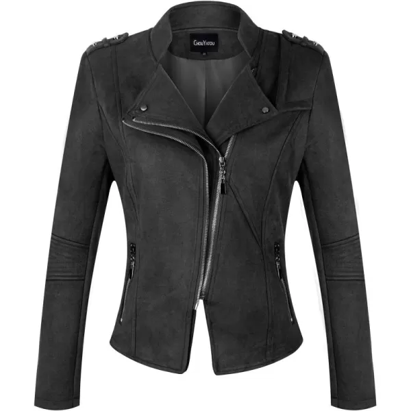 chouyatou Womens Candy Color Asymmetric Zip Slim Faux Leather Cropped Moto JacketSuede Black