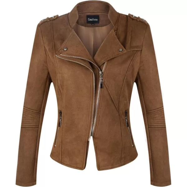 chouyatou Womens Candy Color Asymmetric Zip Slim Faux Leather Cropped Moto JacketSuede Brown