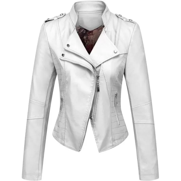 chouyatou Womens Candy Color Asymmetric Zip Slim Faux Leather Cropped Moto JacketWhite