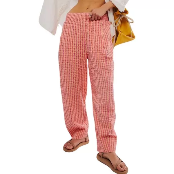 chouyatou Womens Casual Plaid Straight Leg Pant High Waisted Gingham Cropped Palazzo PantsPink