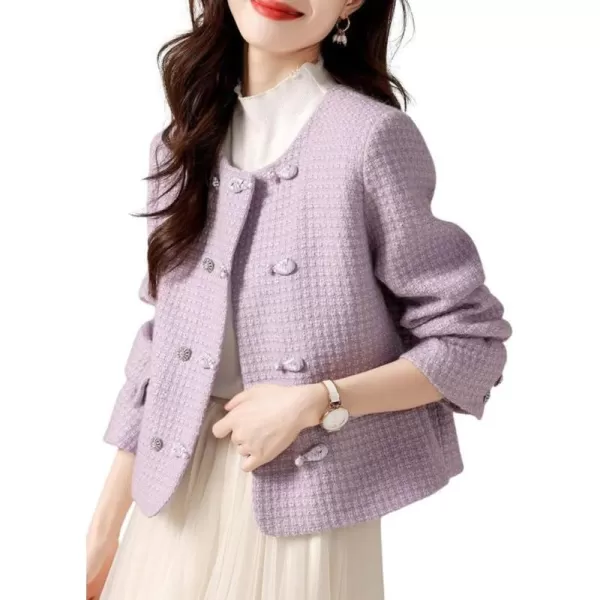 chouyatou Womens Elegant Button Down Tweed Jacket Collarless Slim Fit Business Casual Blazer Jacket CoatPurple