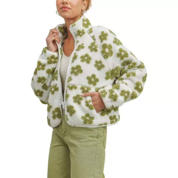 chouyatou Womens Fall Winter Casual Cute Floral Fleece Jacket Fuzzy Zip Up Sherpa Jacket Faux Fur CoatGreen