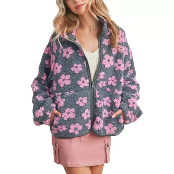 chouyatou Womens Fall Winter Casual Cute Floral Fleece Jacket Fuzzy Zip Up Sherpa Jacket Faux Fur CoatGrey Pink