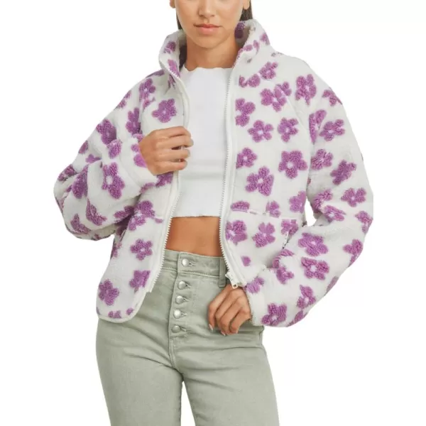 chouyatou Womens Fall Winter Casual Cute Floral Fleece Jacket Fuzzy Zip Up Sherpa Jacket Faux Fur CoatPurple