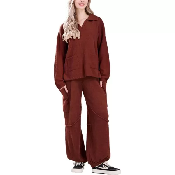 chouyatou Womens Fuzzy Fleece 2 Piece Lounge Pajama Sets Knit Sweater Harem Pants Matching Sets OutfitsBrown