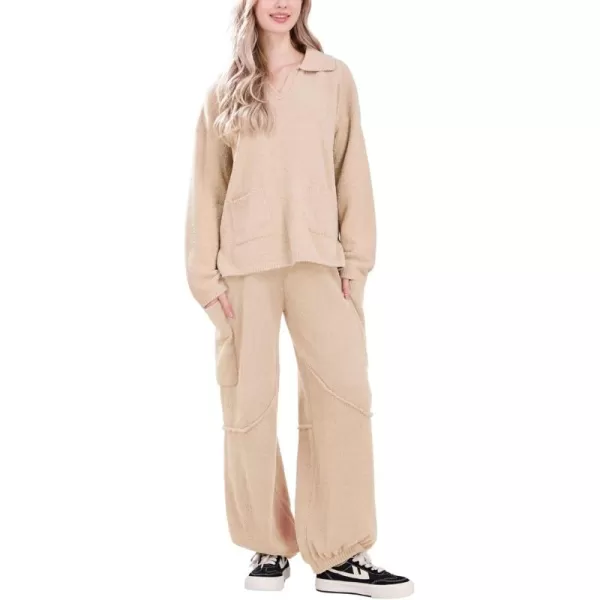 chouyatou Womens Fuzzy Fleece 2 Piece Lounge Pajama Sets Knit Sweater Harem Pants Matching Sets OutfitsCamel