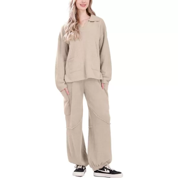 chouyatou Womens Fuzzy Fleece 2 Piece Lounge Pajama Sets Knit Sweater Harem Pants Matching Sets OutfitsLight Khaki