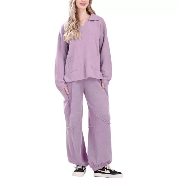 chouyatou Womens Fuzzy Fleece 2 Piece Lounge Pajama Sets Knit Sweater Harem Pants Matching Sets OutfitsPurple