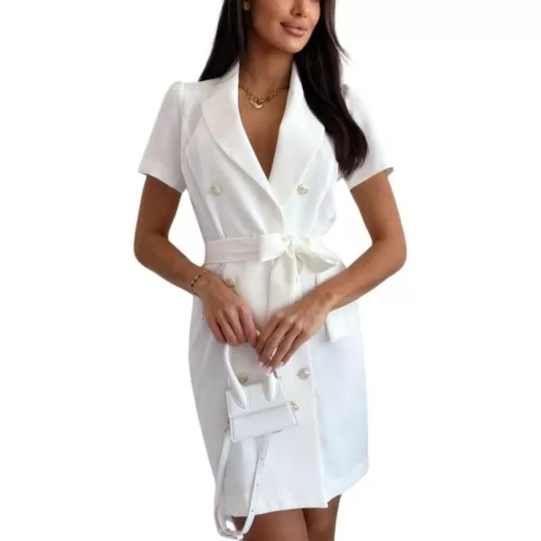 chouyatou Womens Sexy Puff Sleeve Blazer Dress Casual Lapel Double Breasted Belted Blazer Mini DressWhite