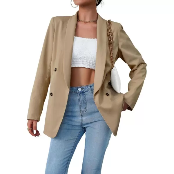 chouyatou Womens Shawl Collar Office Work Blazer Jacket Double Breasted Business Casual Blazer SuitKhaki
