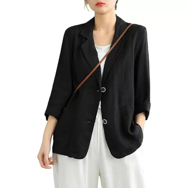 chouyatou Womens Summer Casual 2 Button Office Work Linen Blazer Jacket SuitBlack