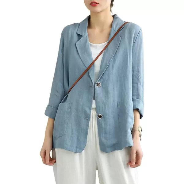 chouyatou Womens Summer Casual 2 Button Office Work Linen Blazer Jacket SuitBlue