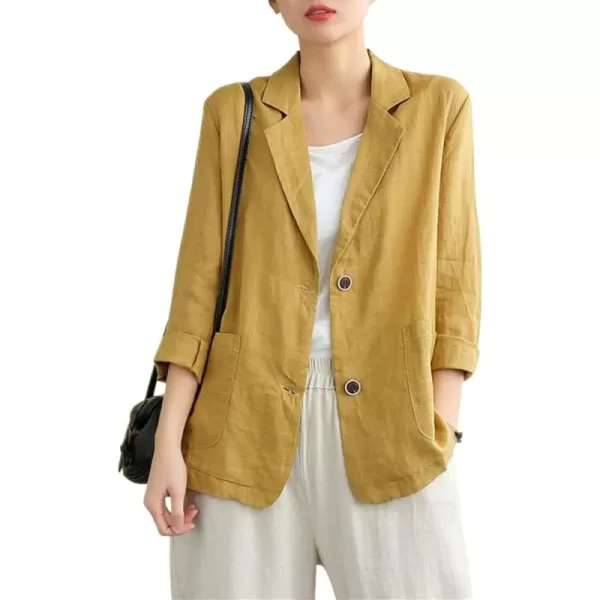 chouyatou Womens Summer Casual 2 Button Office Work Linen Blazer Jacket SuitYellow