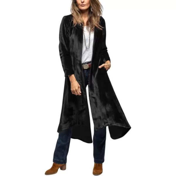 chouyatou Womens Velvet Open Front Long Trench Coat Elegant Back High Slit Blazer Suit Jacket with PocketsBlack