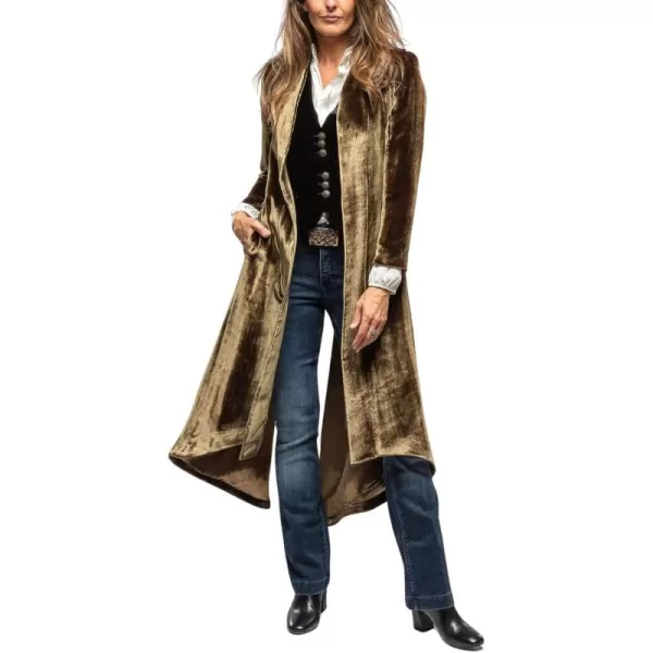 chouyatou Womens Velvet Open Front Long Trench Coat Elegant Back High Slit Blazer Suit Jacket with PocketsGolden Brown