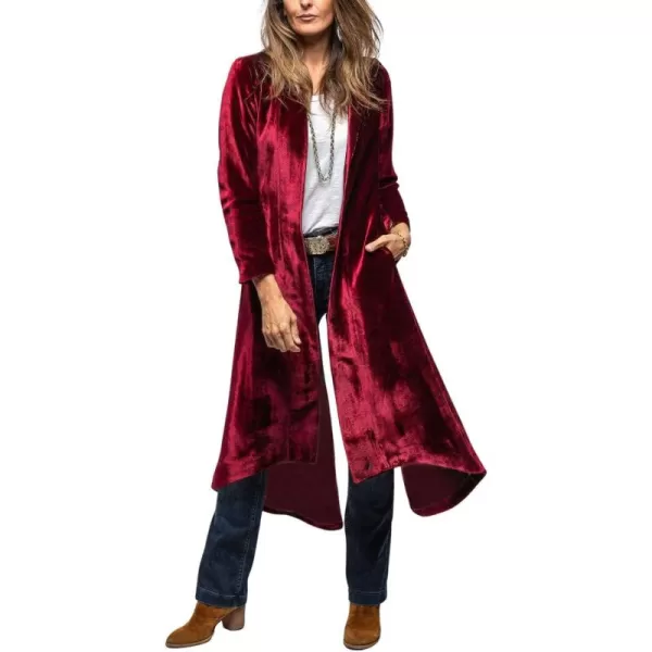 chouyatou Womens Velvet Open Front Long Trench Coat Elegant Back High Slit Blazer Suit Jacket with PocketsWine Red
