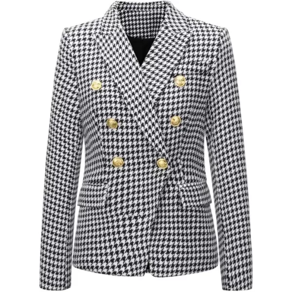 chouyatou Womens Vintage Double Breasted Slim Fit Dress Suit Blazer JacketHoundstooth