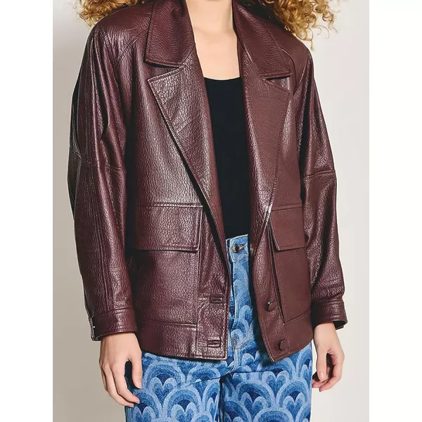 chouyatou Women Fall Notch Lapel Moto Faux Leather Jacket Oversized Boyfriend Leather Bomber Jacket BlazerBrown