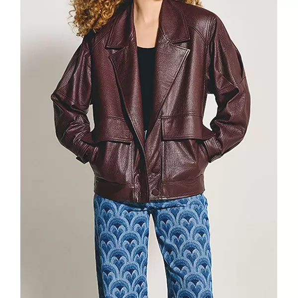 chouyatou Women Fall Notch Lapel Moto Faux Leather Jacket Oversized Boyfriend Leather Bomber Jacket BlazerBrown
