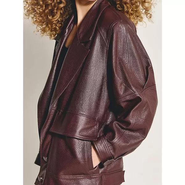 chouyatou Women Fall Notch Lapel Moto Faux Leather Jacket Oversized Boyfriend Leather Bomber Jacket BlazerBrown