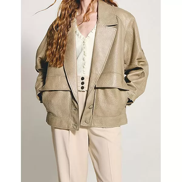 chouyatou Women Fall Notch Lapel Moto Faux Leather Jacket Oversized Boyfriend Leather Bomber Jacket BlazerKhaki