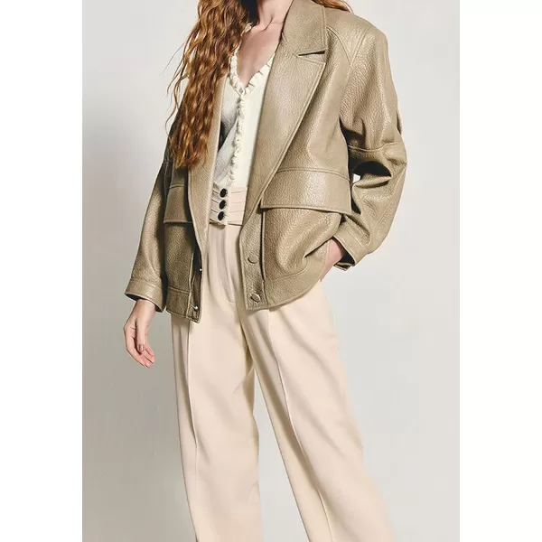 chouyatou Women Fall Notch Lapel Moto Faux Leather Jacket Oversized Boyfriend Leather Bomber Jacket BlazerKhaki